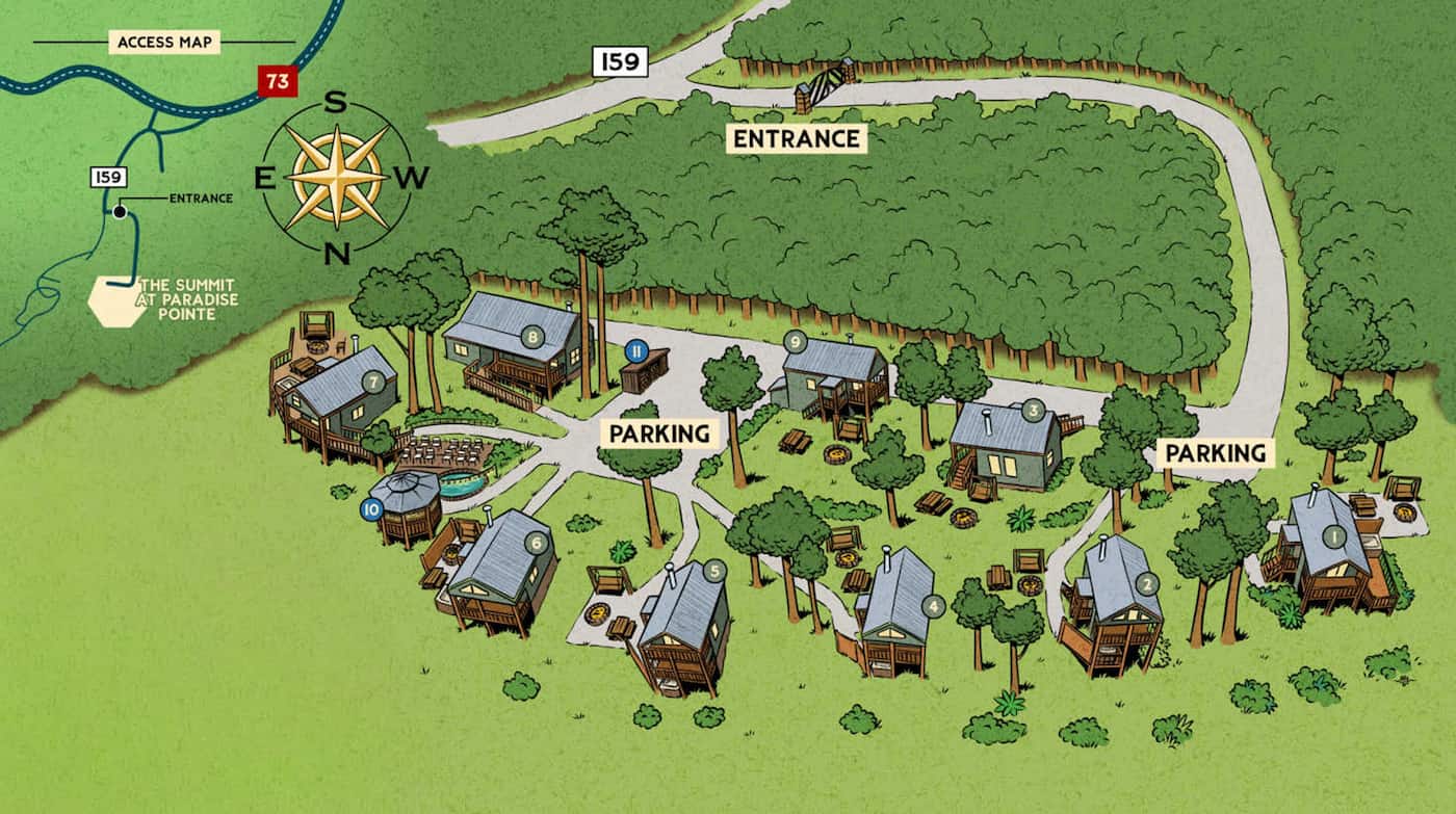 Illustrated site map of The Summit Cabins